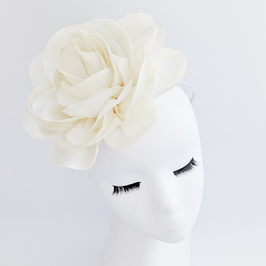 Large cream satin rose fascinator hat