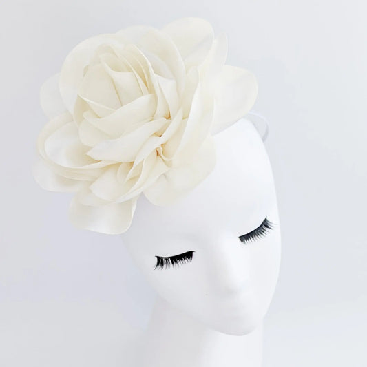 Large cream satin rose fascinator hat House of Hats