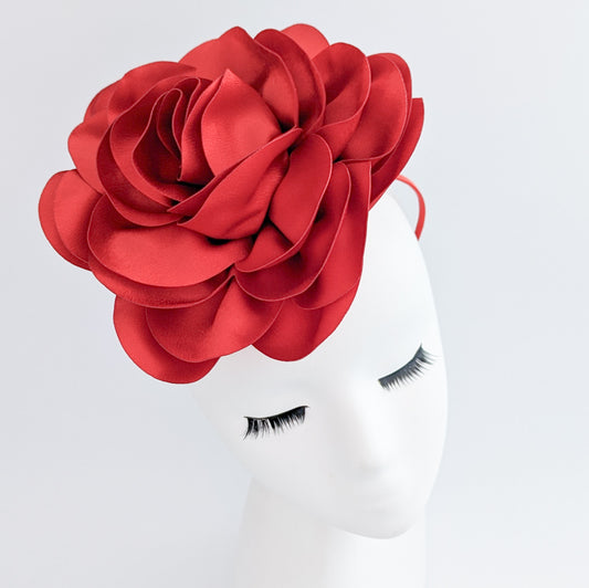 Large red satin rose fascinator hat