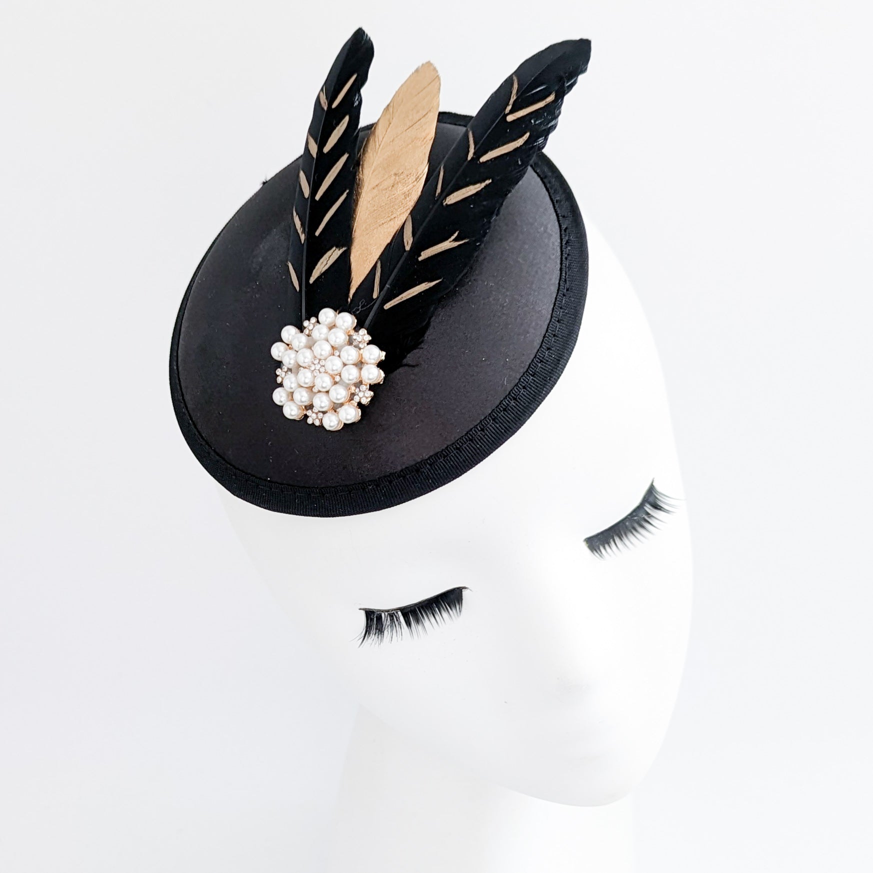 Black gold feather small satin fascinator  wedding hats uk Black gold feather small satin fascinator  wedding hats uk
