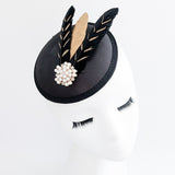 Black gold feather small satin fascinator  wedding hats uk Black gold feather small satin fascinator  wedding hats uk