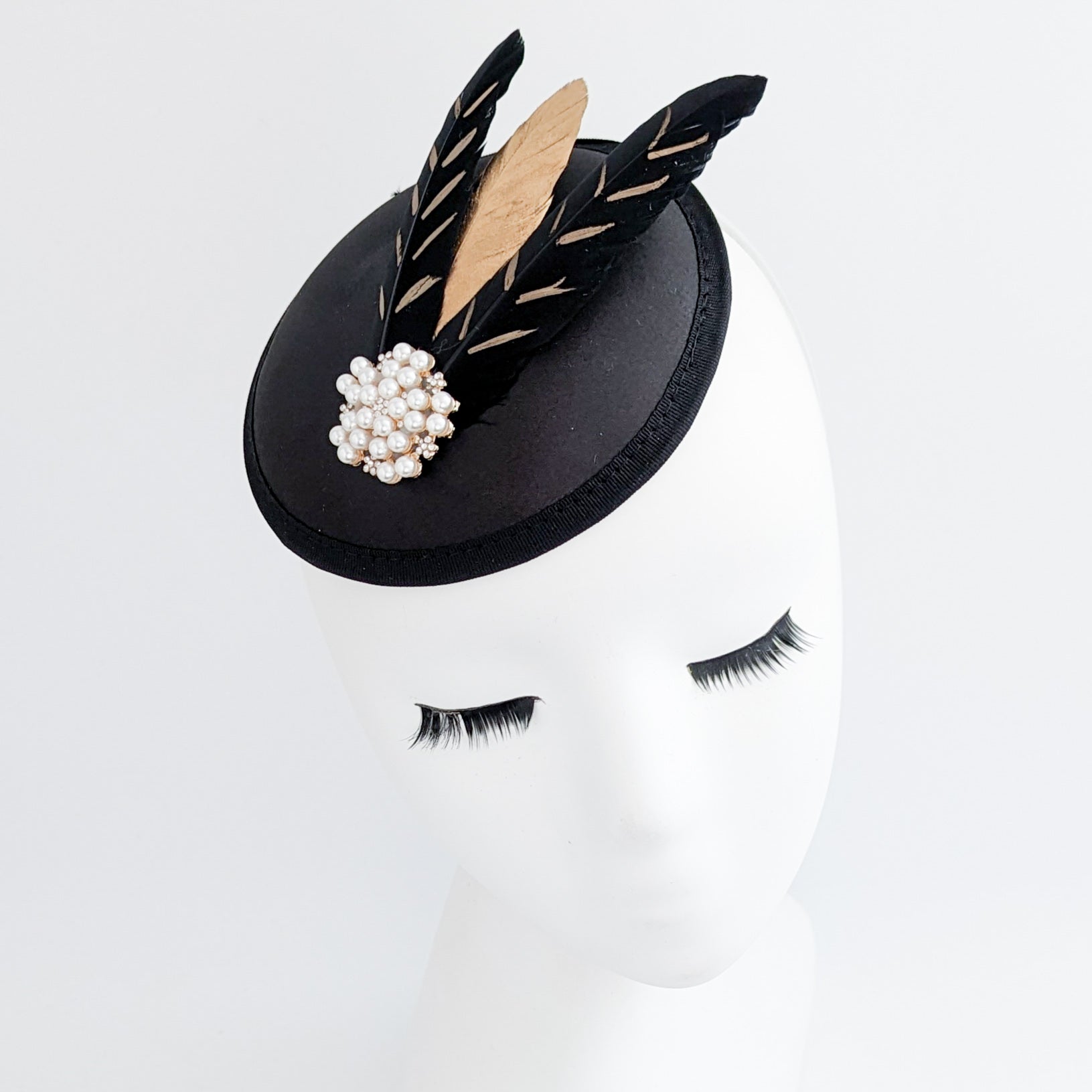 Black gold feather small satin fascinator  wedding hats uk