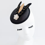 Black gold feather small satin fascinator  wedding hats uk Black gold feather small satin fascinator  wedding hats uk