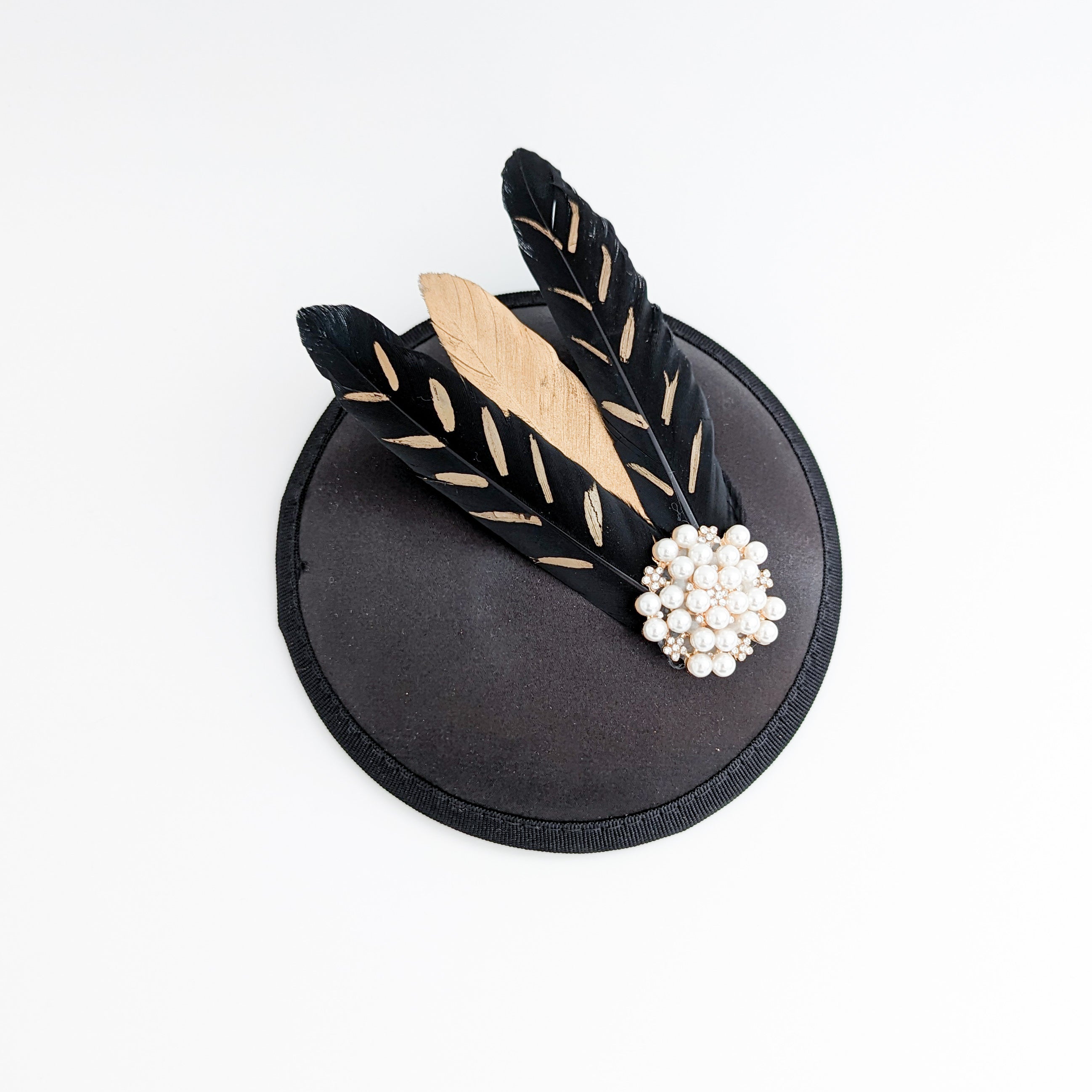 Black gold feather small satin fascinator  wedding hats uk