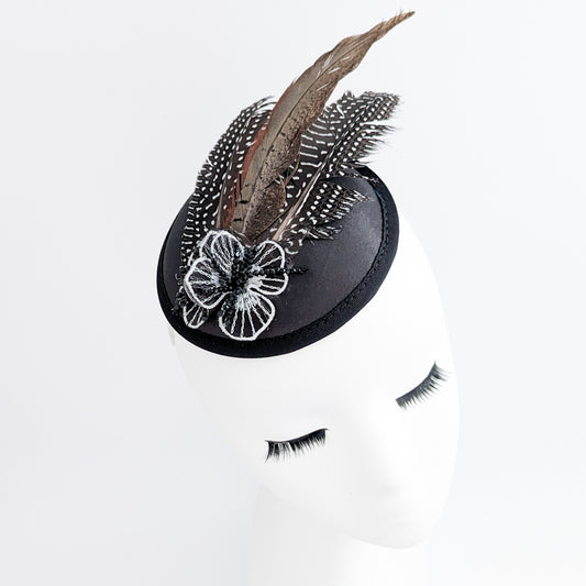 Black pheasant feather small satin fascinator  wedding hats uk