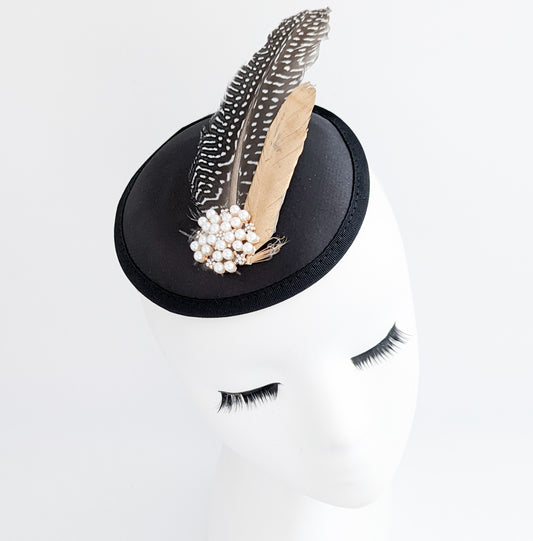 Black pheasant feather small satin fascinator  wedding hats uk
