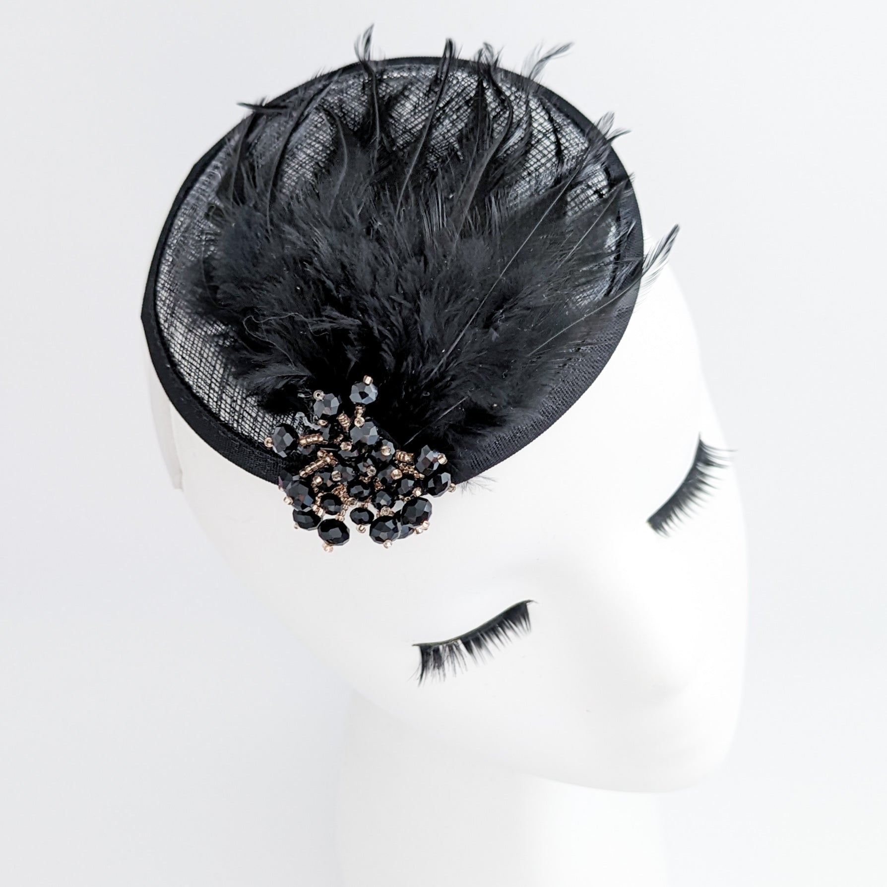 Black crystal feather small fascinator wedding hats uk