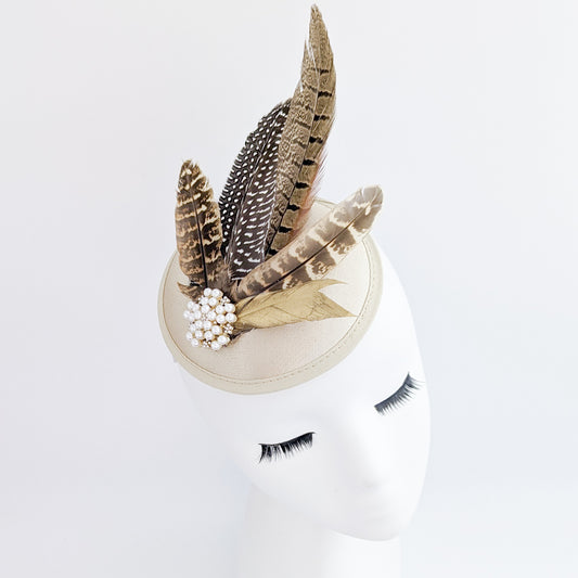 Champagne gold pheasant feather small satin fascinator wedding hats uk