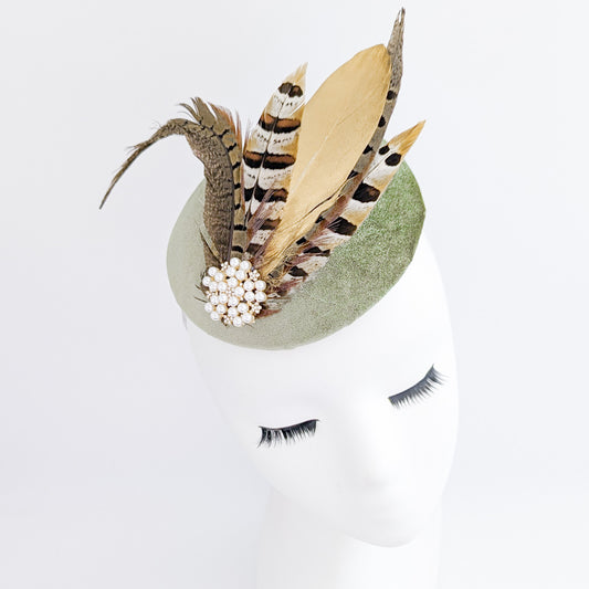 Sage green pheasant feather small velvet fascinator wedding hats uk