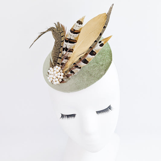 Sage green pheasant feather small velvet fascinator wedding hats uk