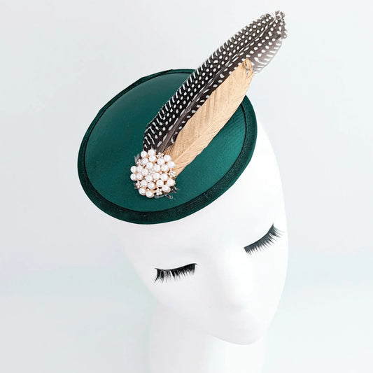 Bottle green pheasant feather small satin fascinator wedding hats uk House of Hats
