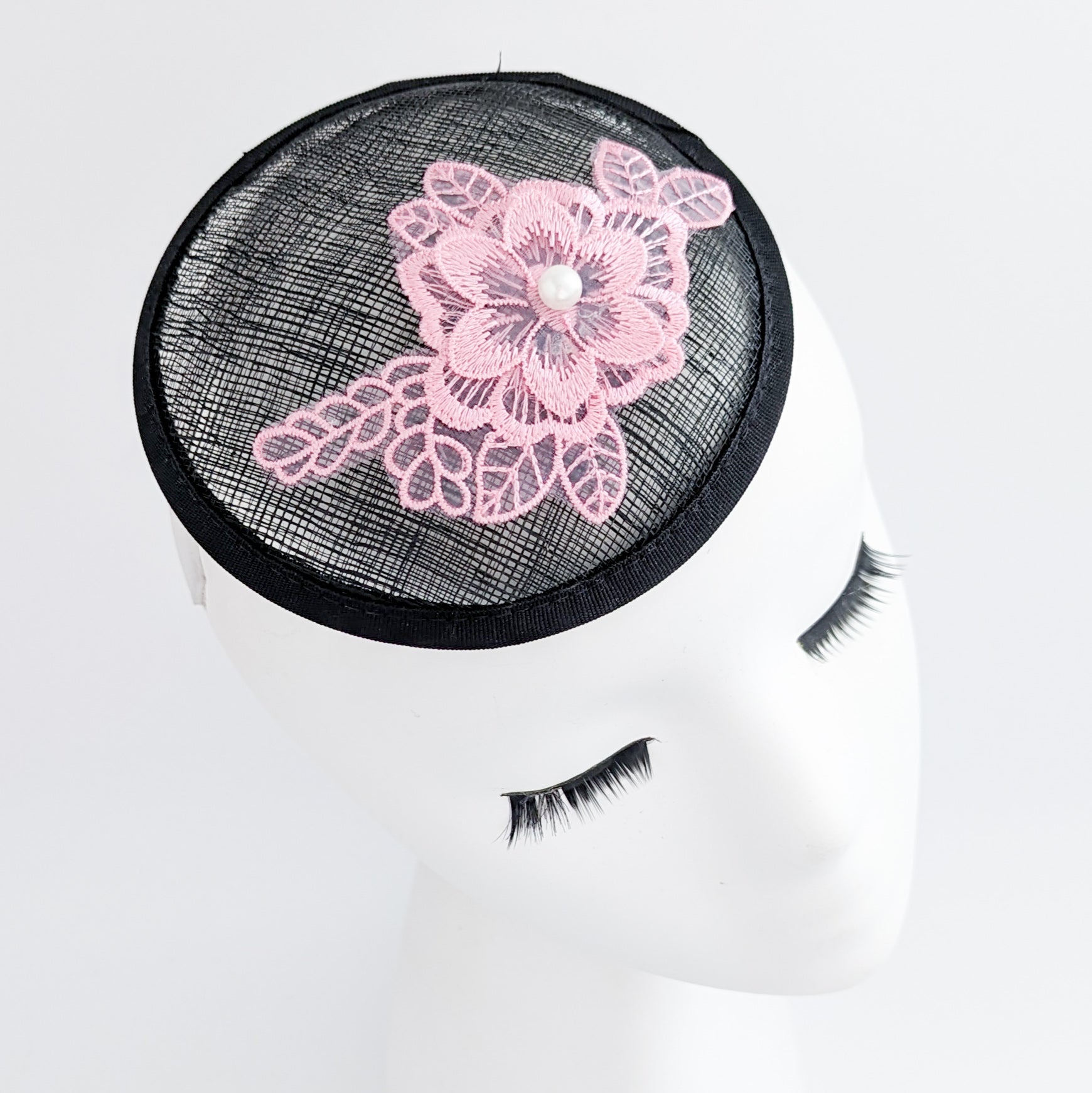 Black pink lace small fascinator hat