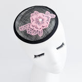 Black pink lace small fascinator hat Black pink lace small fascinator hat
