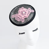 Black pink lace small fascinator hat Black pink lace small fascinator hat