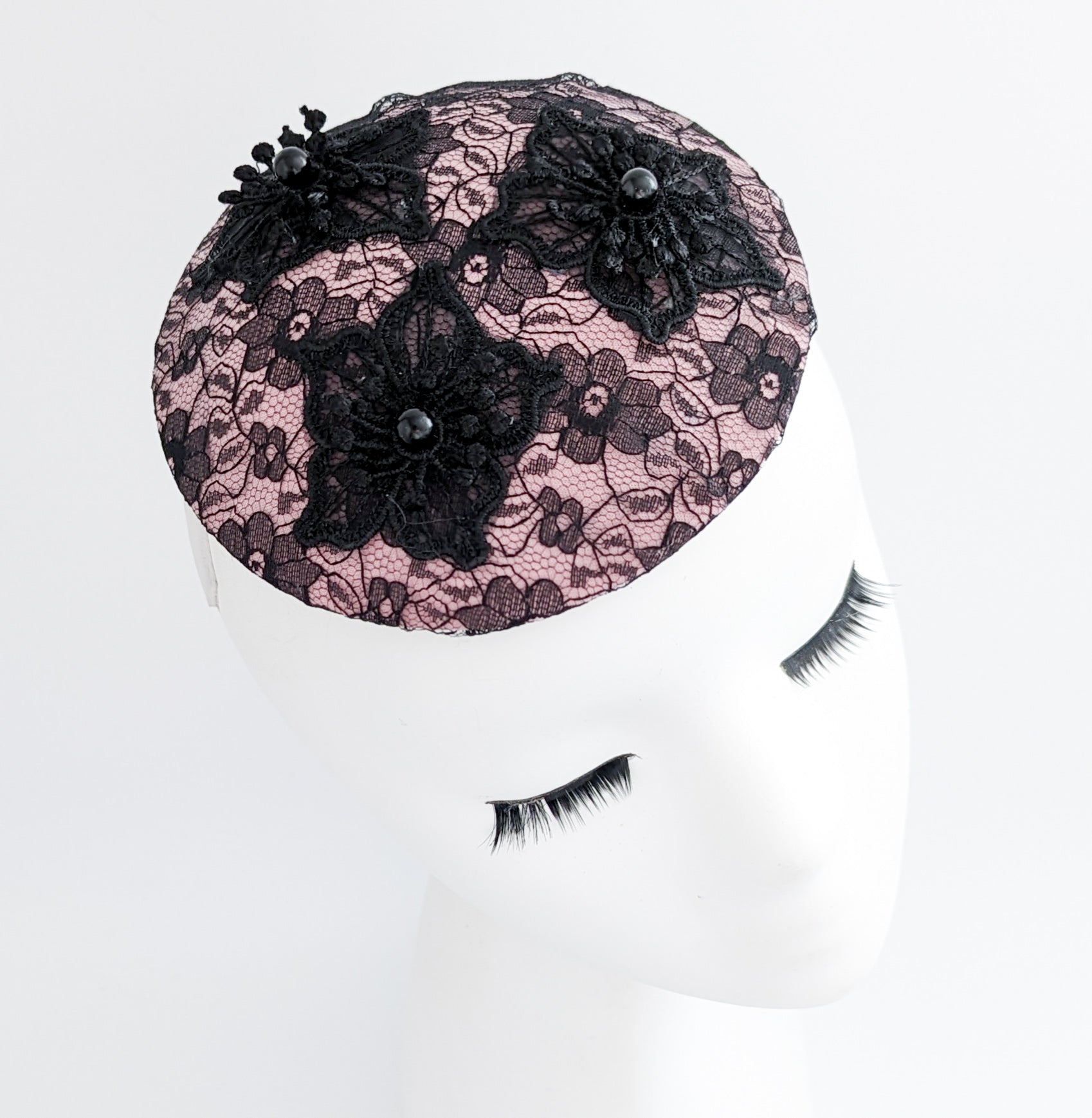 Blush pink black lace small fascinator hat Blush pink black lace small fascinator hat