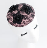 Blush pink black lace small fascinator hat Blush pink black lace small fascinator hat