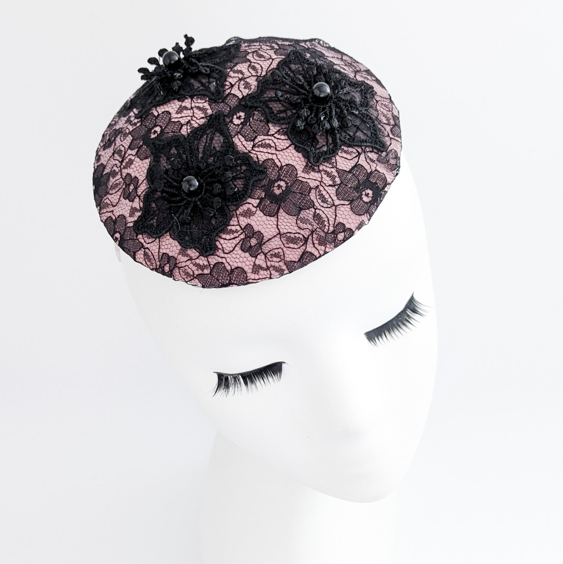 Blush pink black lace small fascinator hat Blush pink black lace small fascinator hat