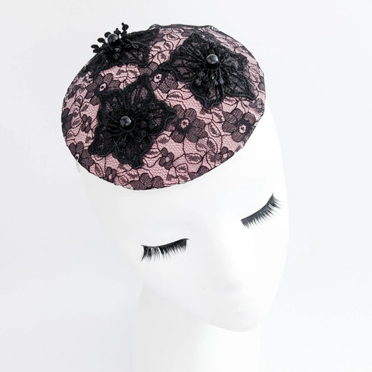 Blush pink black lace small fascinator hat House of Hats