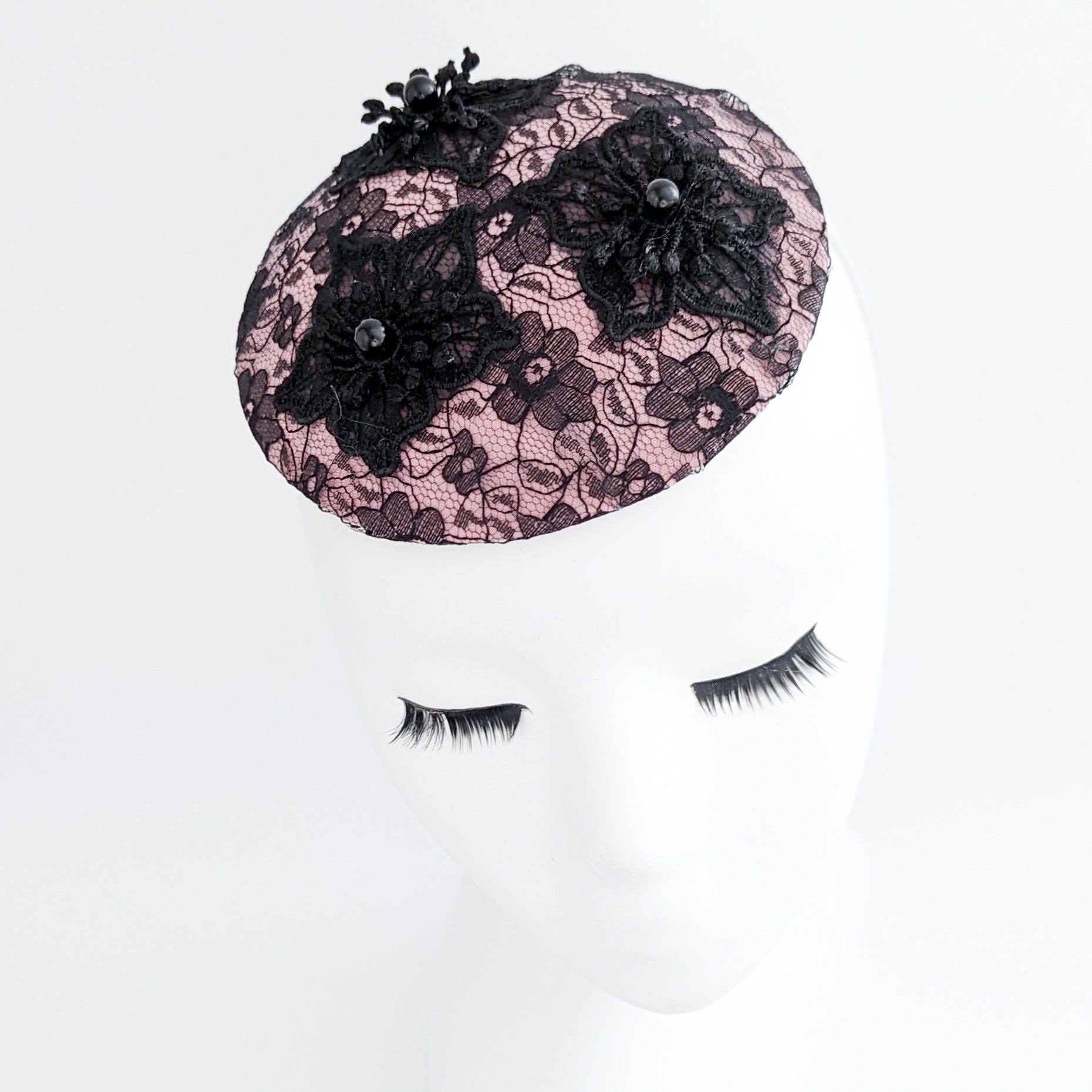 Blush pink black lace small fascinator hat Blush pink black lace small fascinator hat
