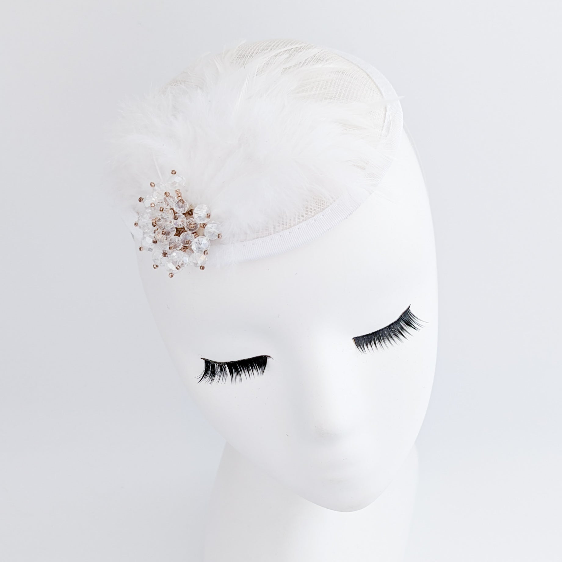 White crystal feather small fascinator wedding hat