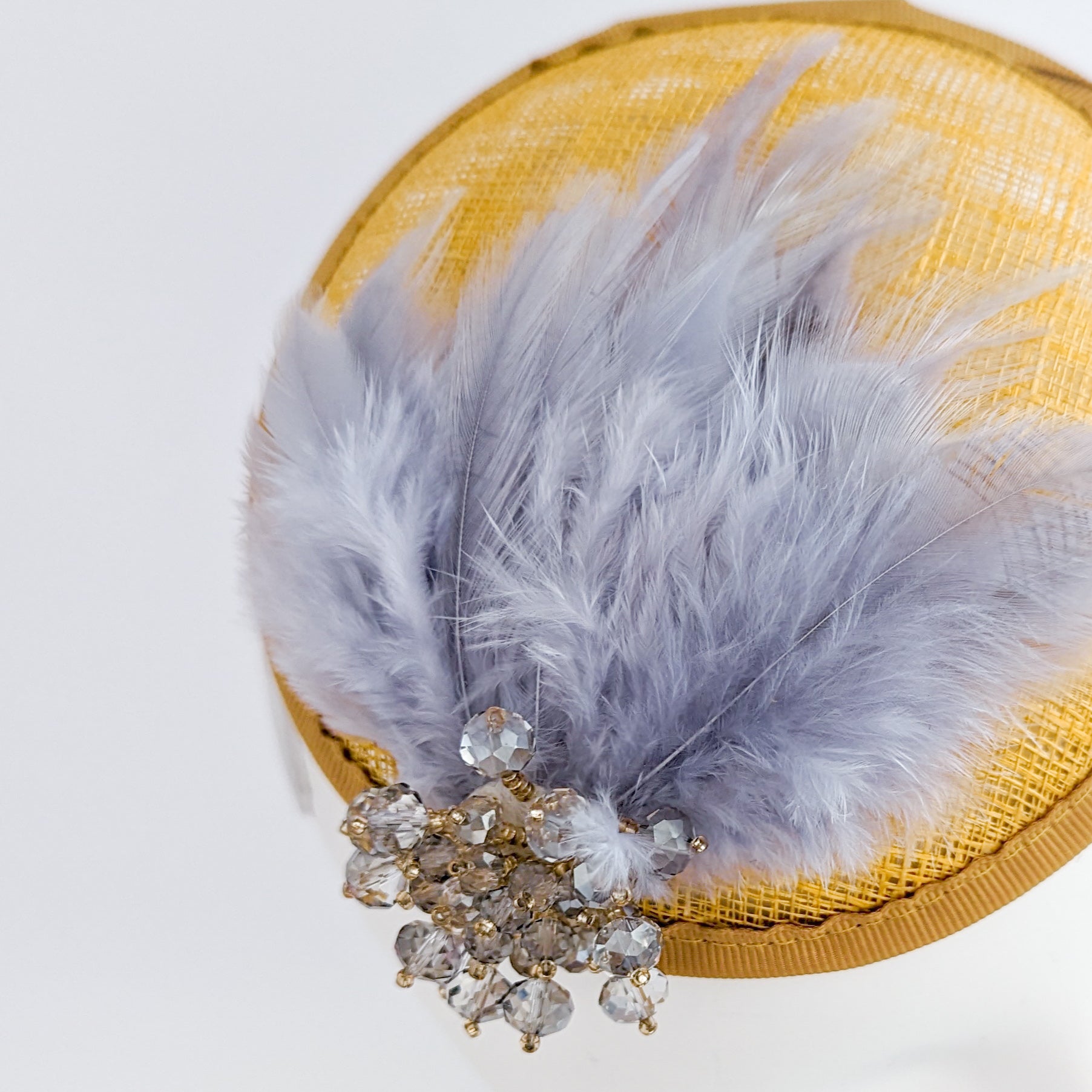 Mustard grey crystal feather small fascinator hat