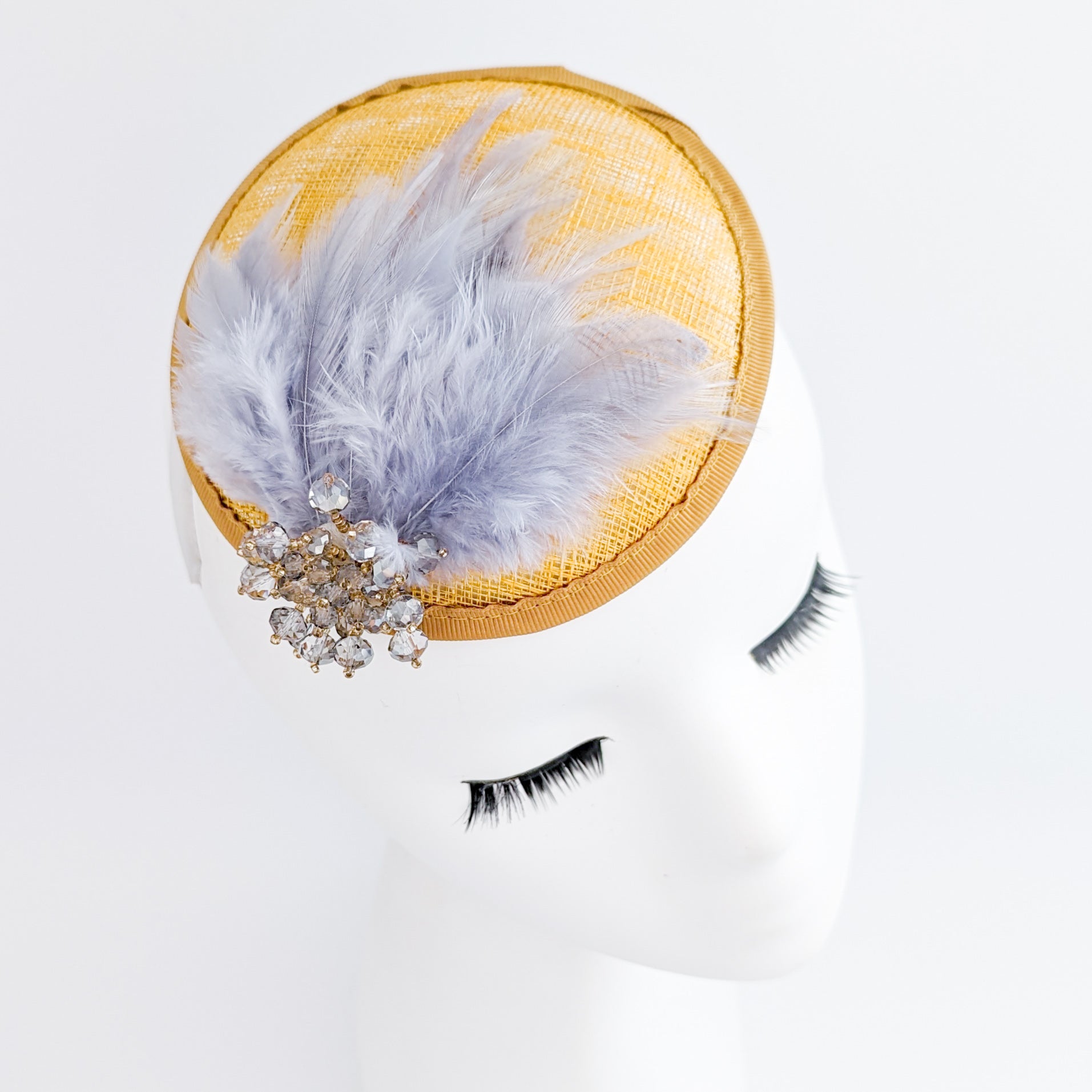 Mustard grey crystal feather small fascinator hat