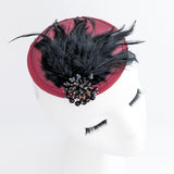 Burgundy red black crystal feather small satin fascinator hat