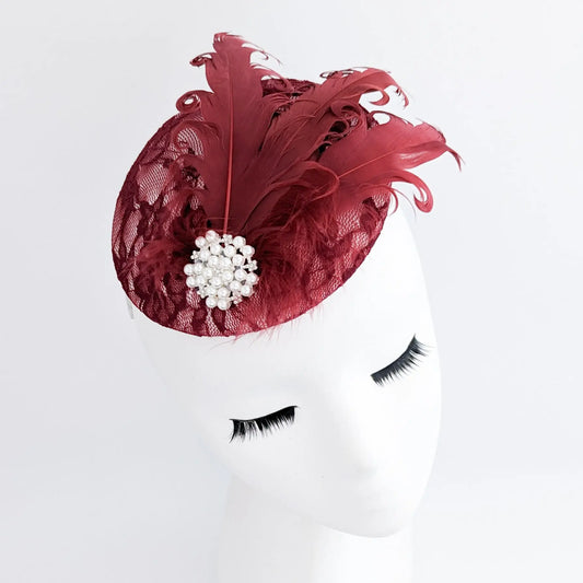 Burgundy lace crystal pearl feather small fascinator hat House of Hats