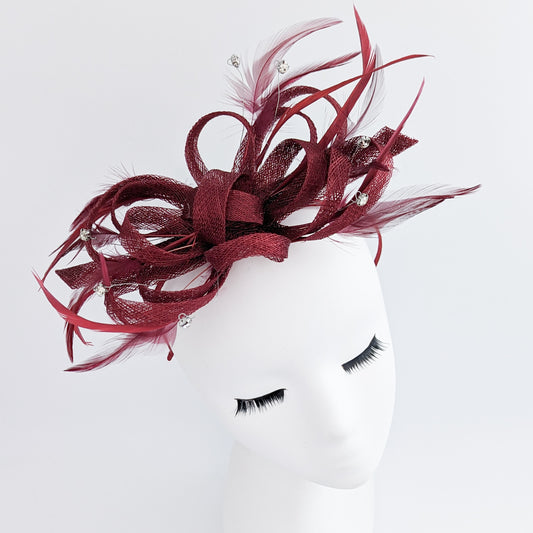 Burgundy crystal feather fascinator hat