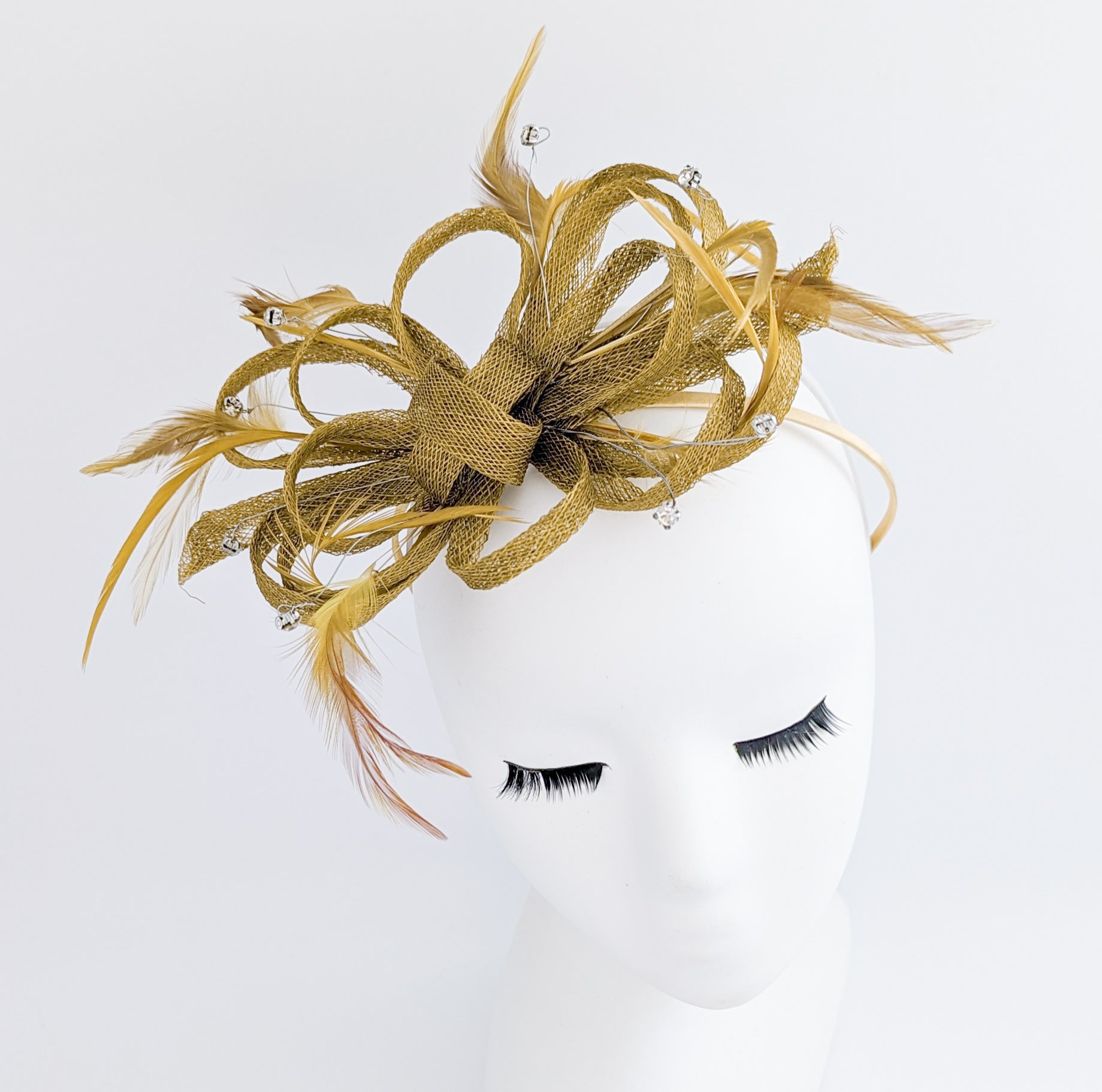 Bronze brown crystal feather fascinator hat