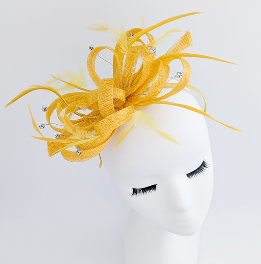 Mustard yellow crystal feather fascinator hat