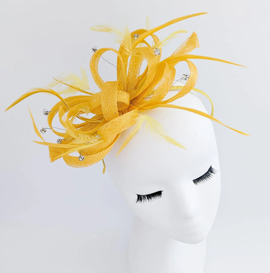 Mustard yellow crystal feather fascinator hat House of Hats