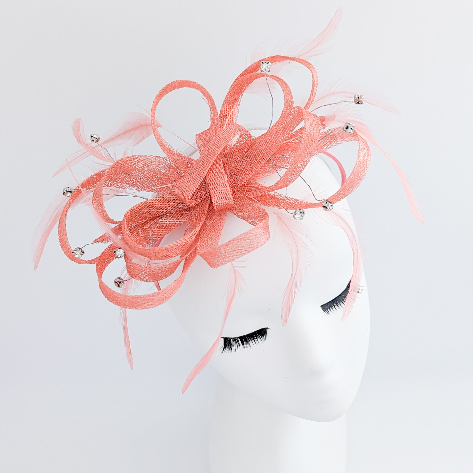 Watermelon coral crystal feather fascinator hat Watermelon coral crystal feather fascinator hat