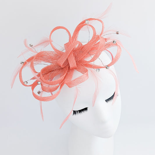 Watermelon coral crystal feather fascinator hat