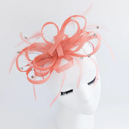 Watermelon coral crystal feather fascinator hat House of Hats