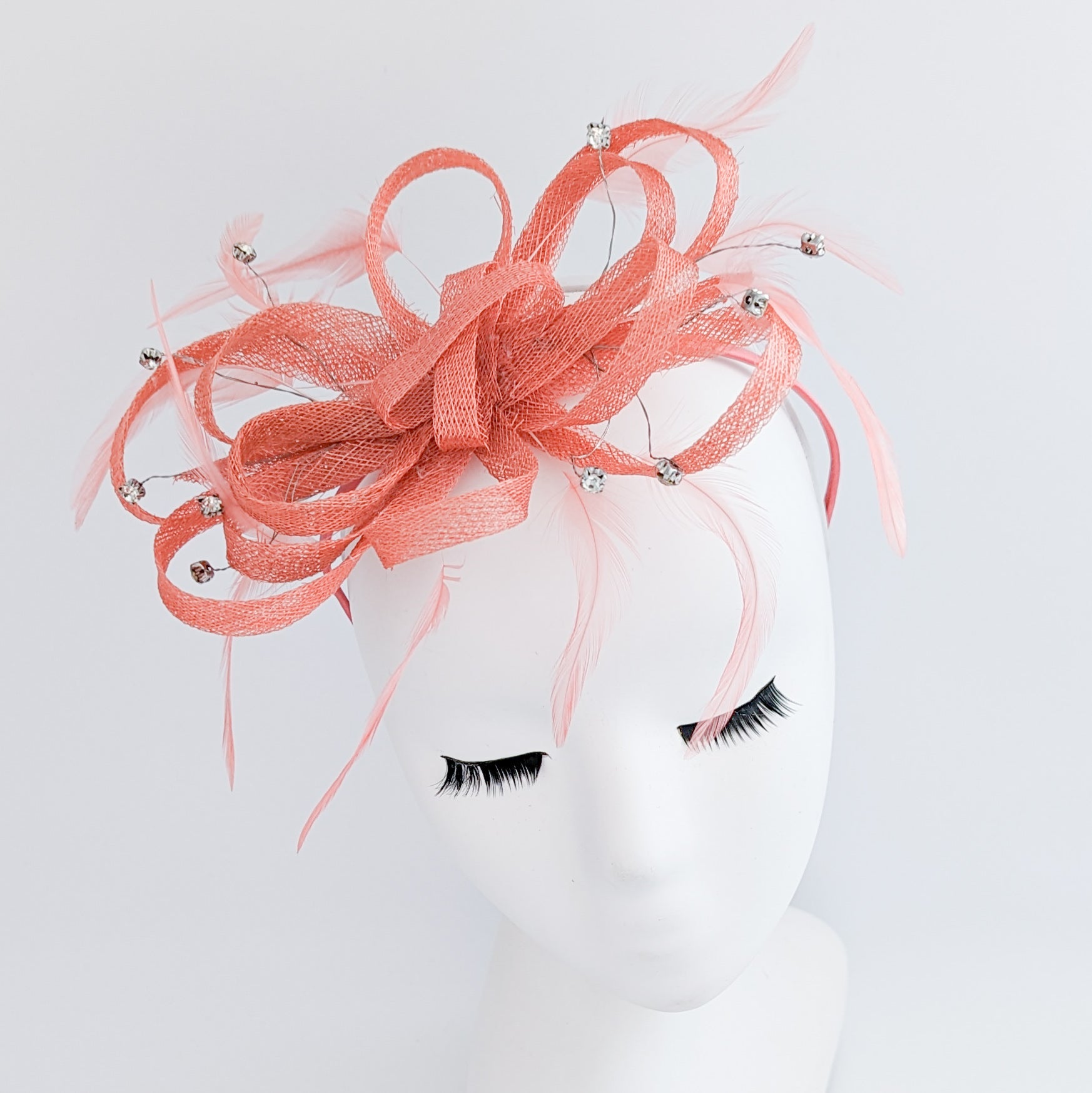 Watermelon coral crystal feather fascinator hat