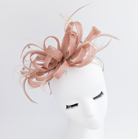 Dusty rose pink crystal feather fascinator hat
