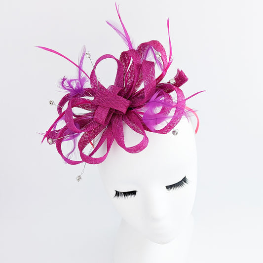 Magenta pink crystal feather fascinator hat