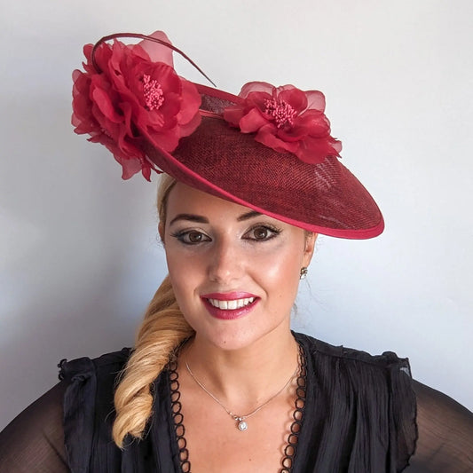 Burgundy large flower saucer disc fascinator hat House of Hats