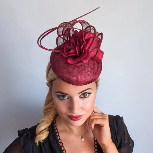 Burgundy flower fascinator hat House of Hats