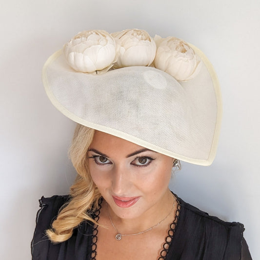 Cream large teardrop peony flower fascinator hat