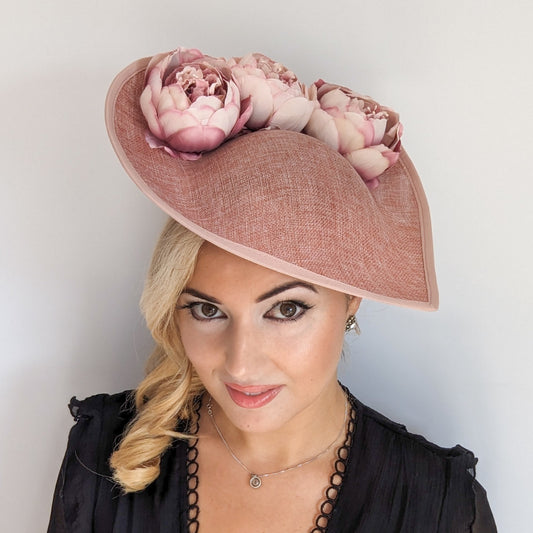 Blush pink large teardrop peony flower fascinator hat