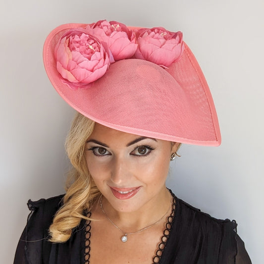 Pink large teardrop peony flower fascinator hat