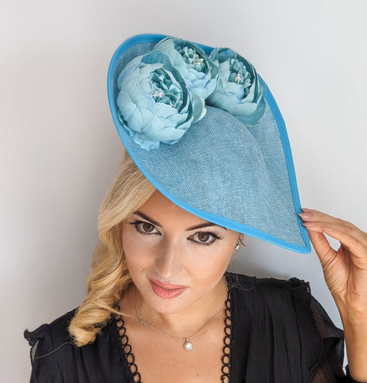 Aqua sky blue large teardrop peony flower fascinator hat