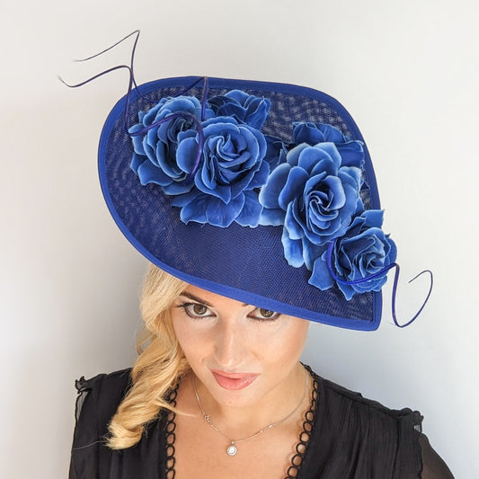 Royal cobalt blue large teardrop rose flower fascinator hat