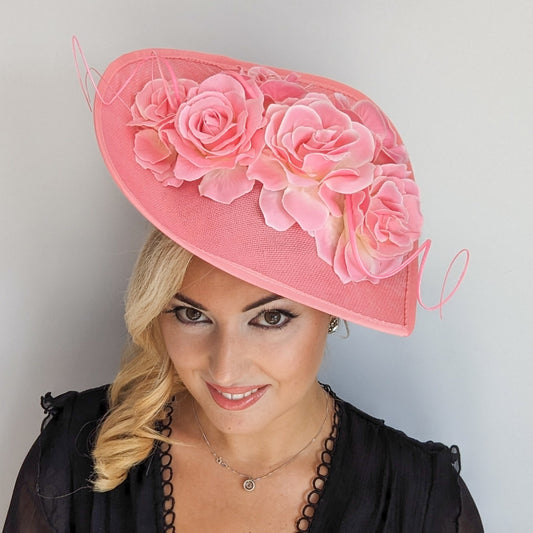 Pink large teardrop rose flower fascinator hat