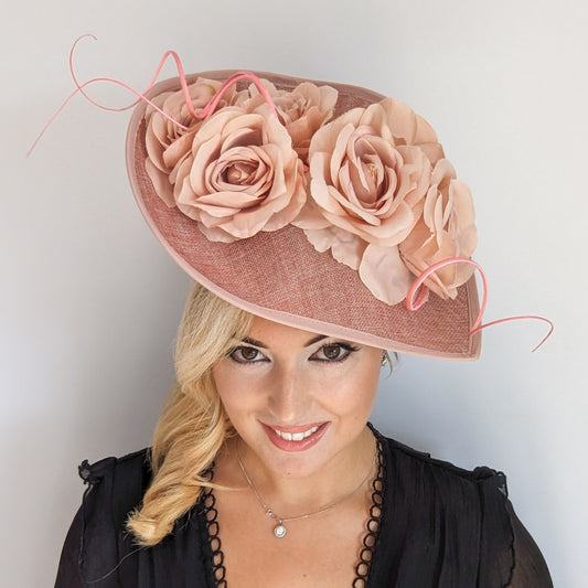 Blush pink large teardrop rose flower fascinator hat