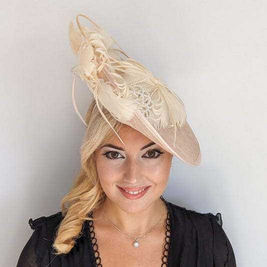 Beige peach feather pearl large saucer disc fascinator hat