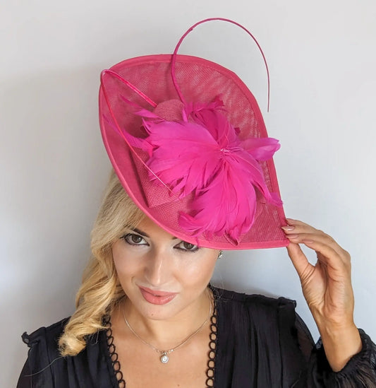 Fuchsia large teardrop feather fascinator hat House of Hats