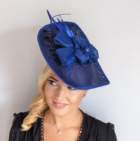 Royal cobalt blue large teardrop flower feather fascinator hat